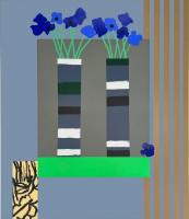 Two Minimal Vases in Grey Interior with Blue Anemones by Bruce McLean